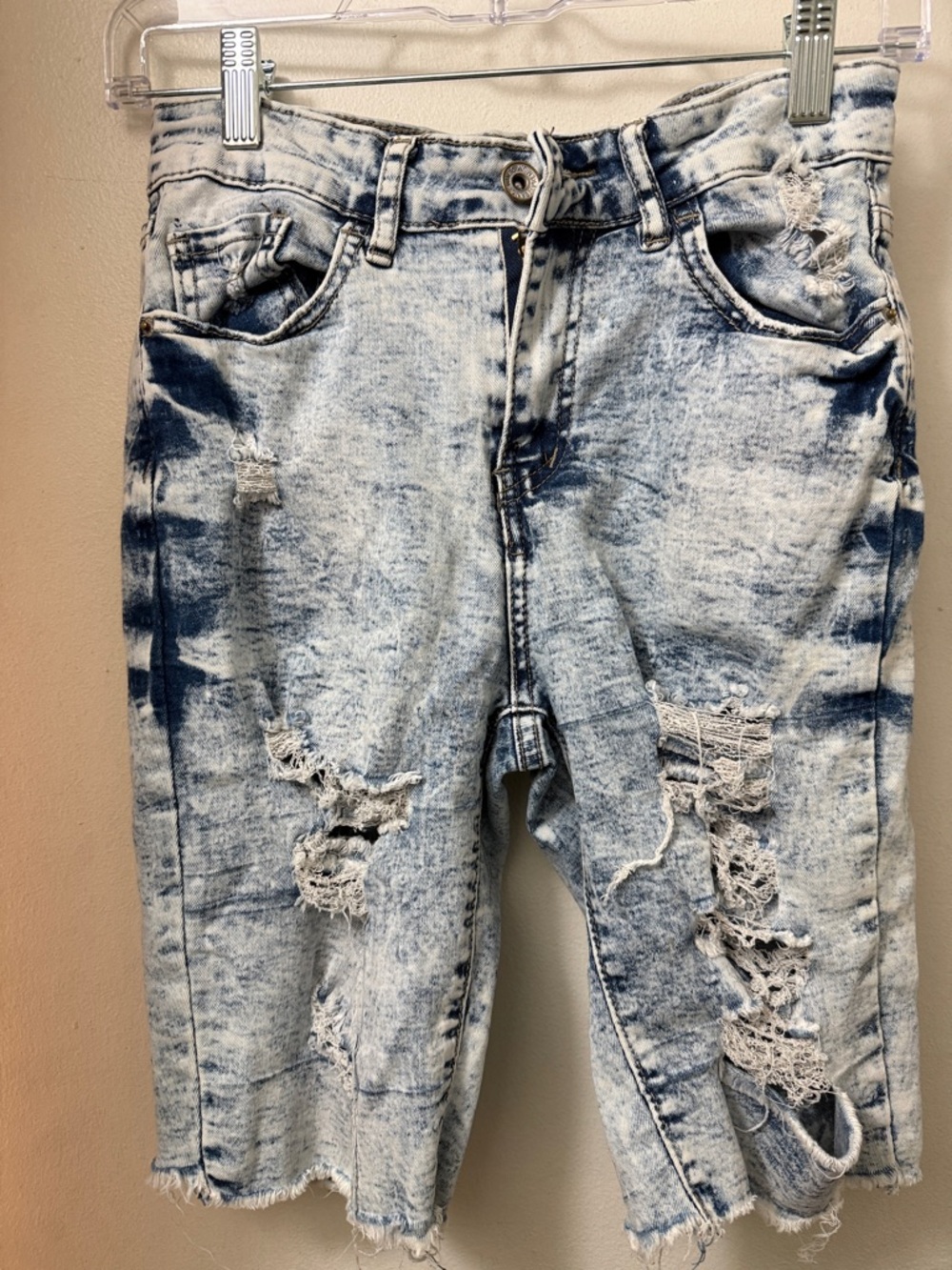 Distressed Light Acid-Wash Denim Cutoff Shorts